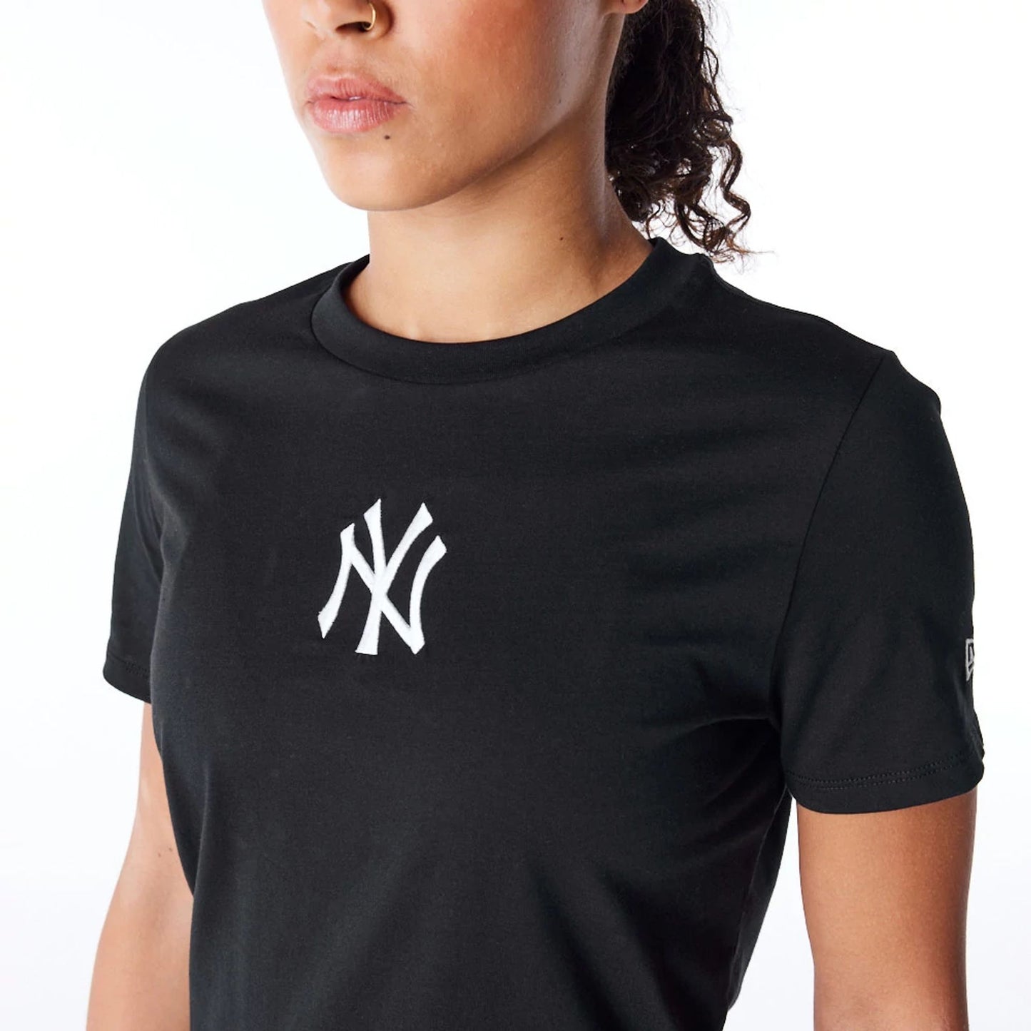 The Female model is wearing New York Yankees Womens MLB League Essential Black T-Shirt 4