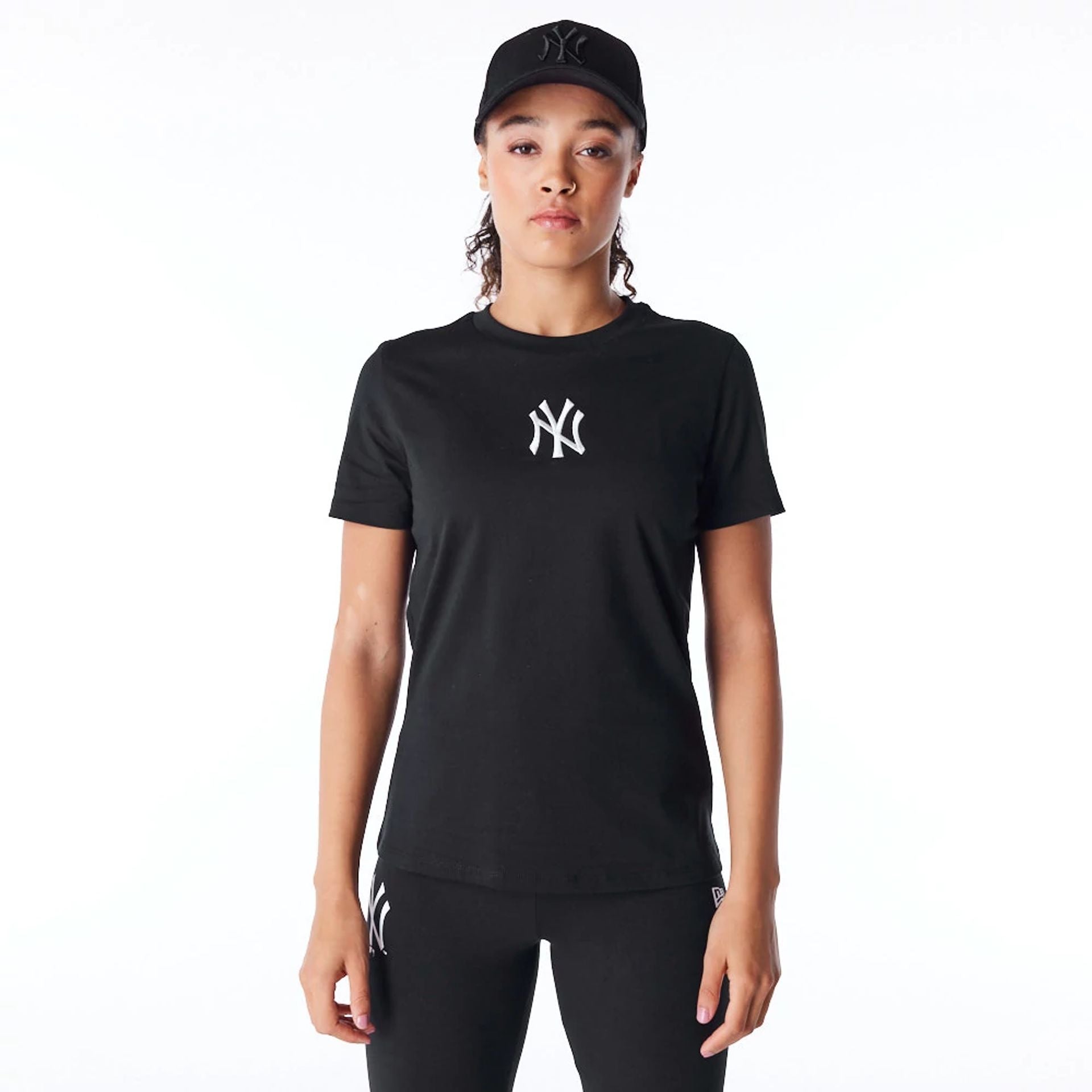 The Female model is wearing New York Yankees Womens MLB League Essential Black T-Shirt 6