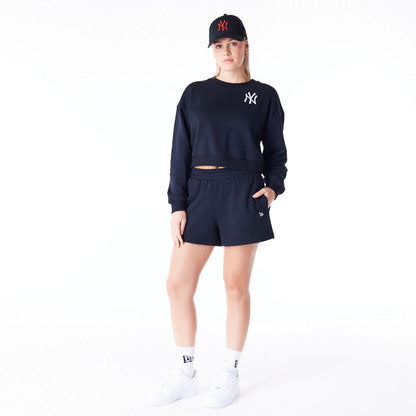 The Female model is wearing New York Yankees Womens MLB League Essential Black Crop Crew Neck Sweatshirt 3