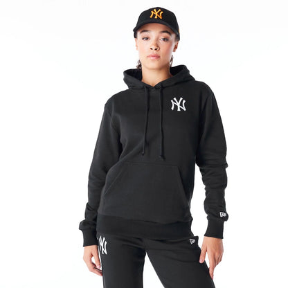 The Female model is wearing New York Yankees Womens MLB League Essential Black Pullover Hoodie 6