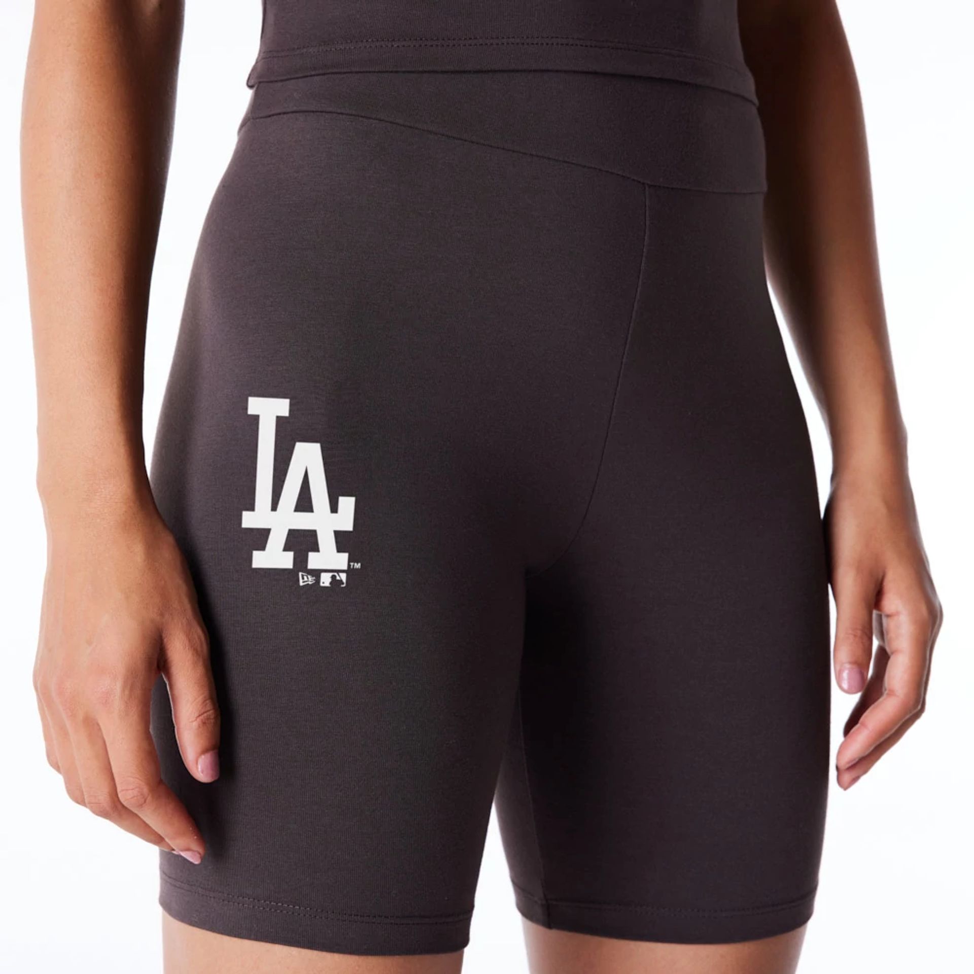 The Female model is wearing LA Dodgers Womens MLB League Essential Dark Brown Cycling Shorts 1