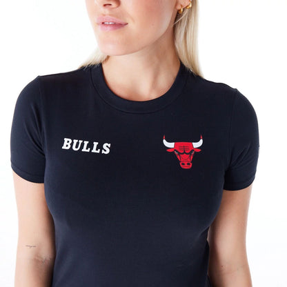 The Female model is wearing Chicago Bulls Womens NBA Wordmark Black Slim T-Shirt 8