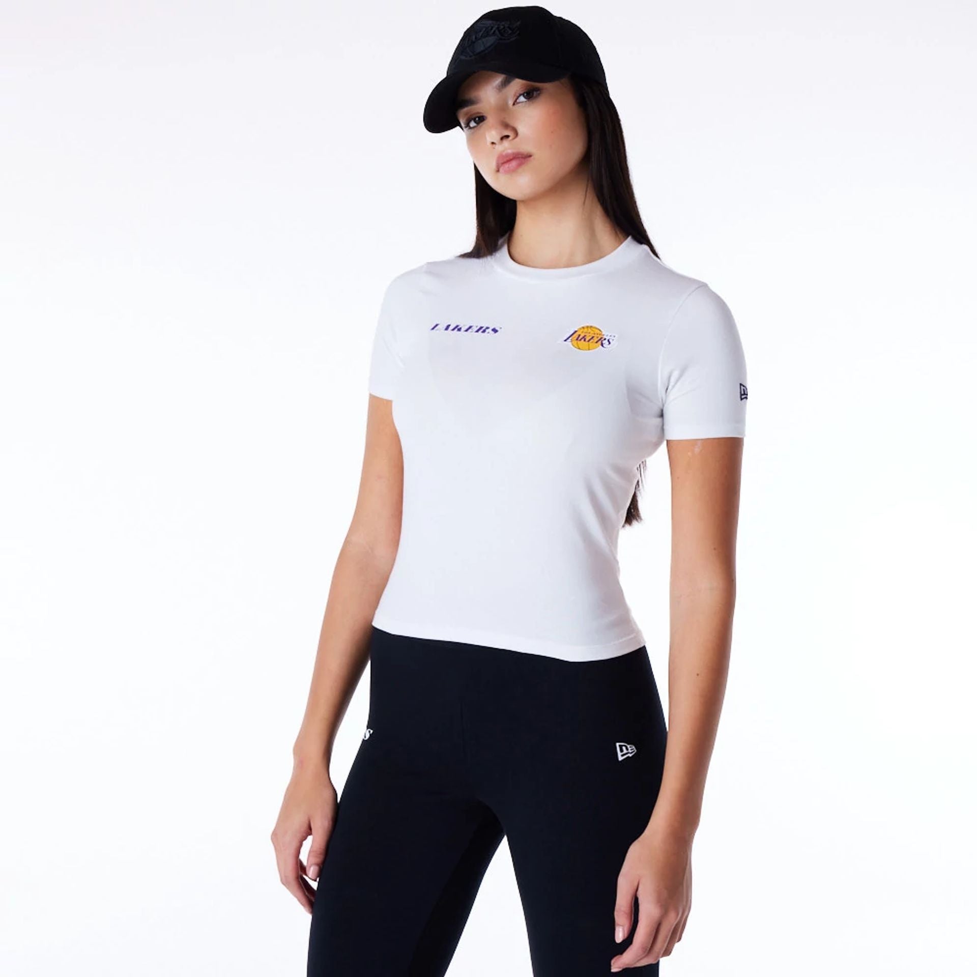 The Female model is wearing LA Lakers Womens NBA Wordmark White Slim T-Shirt 7