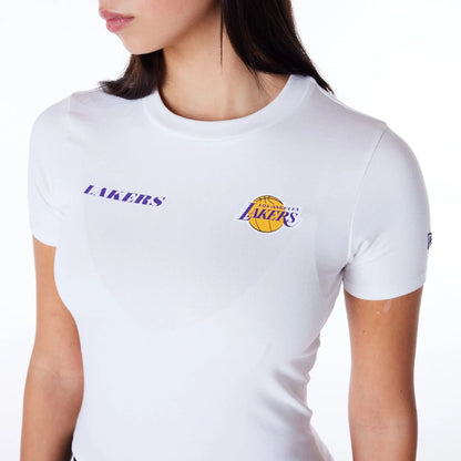 The Female model is wearing LA Lakers Womens NBA Wordmark White Slim T-Shirt 8