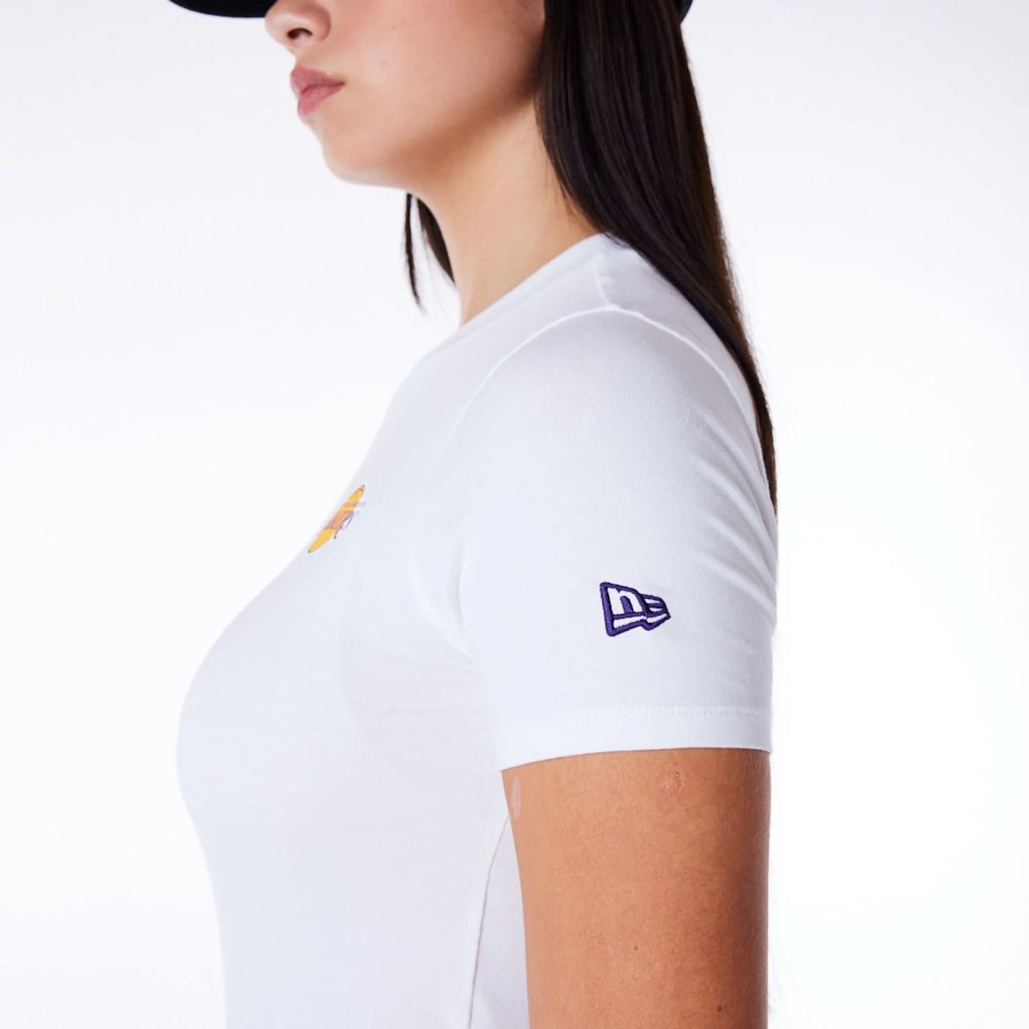 The Female model is wearing LA Lakers Womens NBA Wordmark White Slim T-Shirt 9