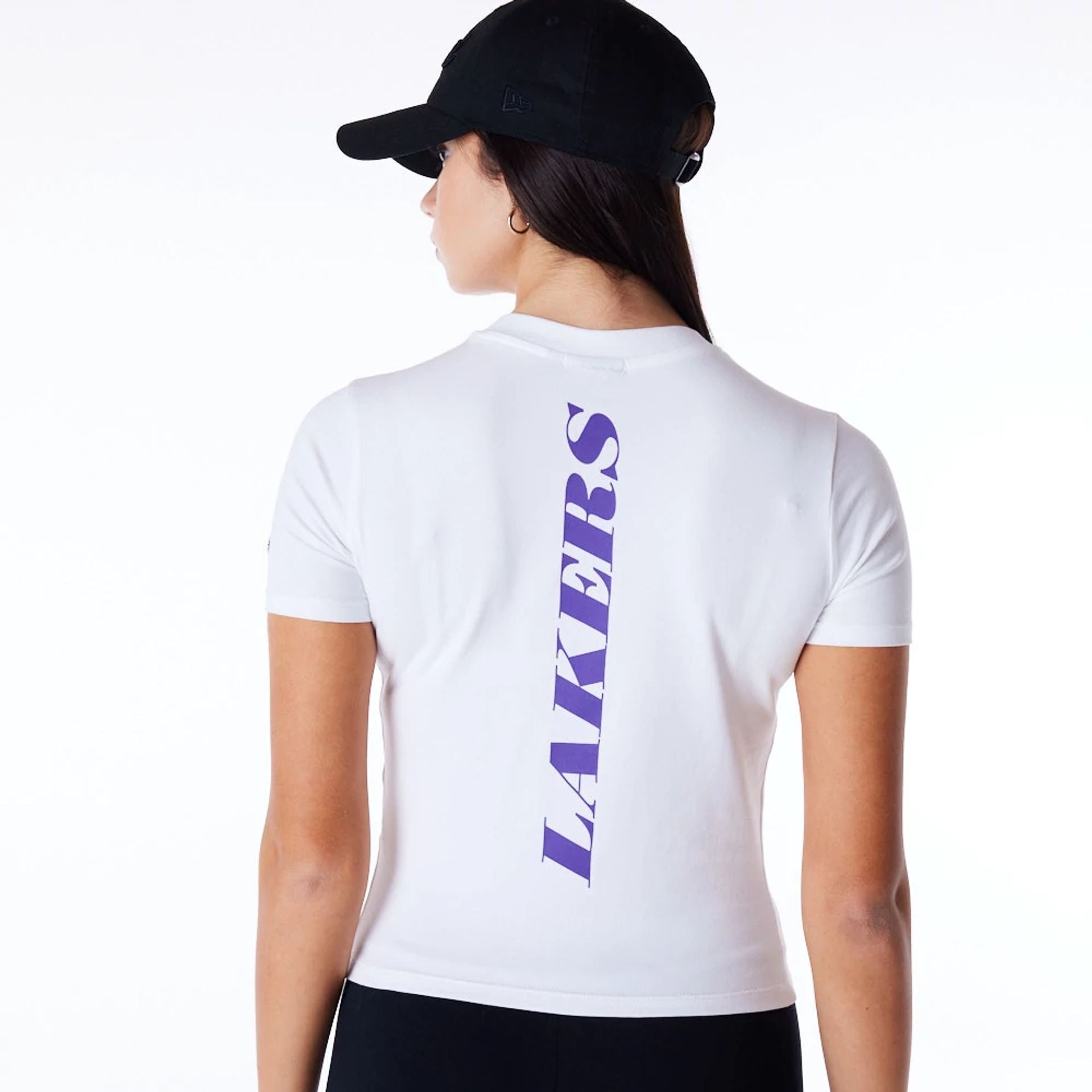 The Female model is wearing LA Lakers Womens NBA Wordmark White Slim T-Shirt 5