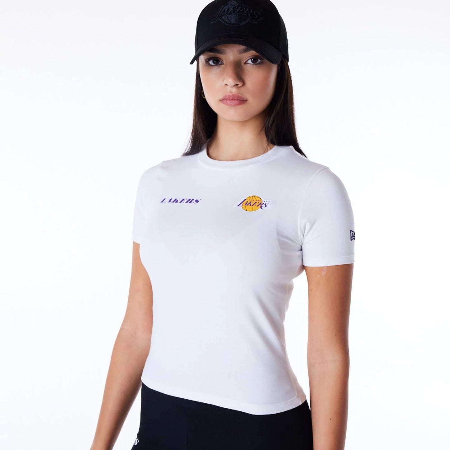 The Female model is wearing LA Lakers Womens NBA Wordmark White Slim T-Shirt 3