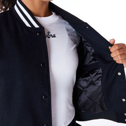 The Female model is wearing New Era Womens Black Varsity Jacket 8