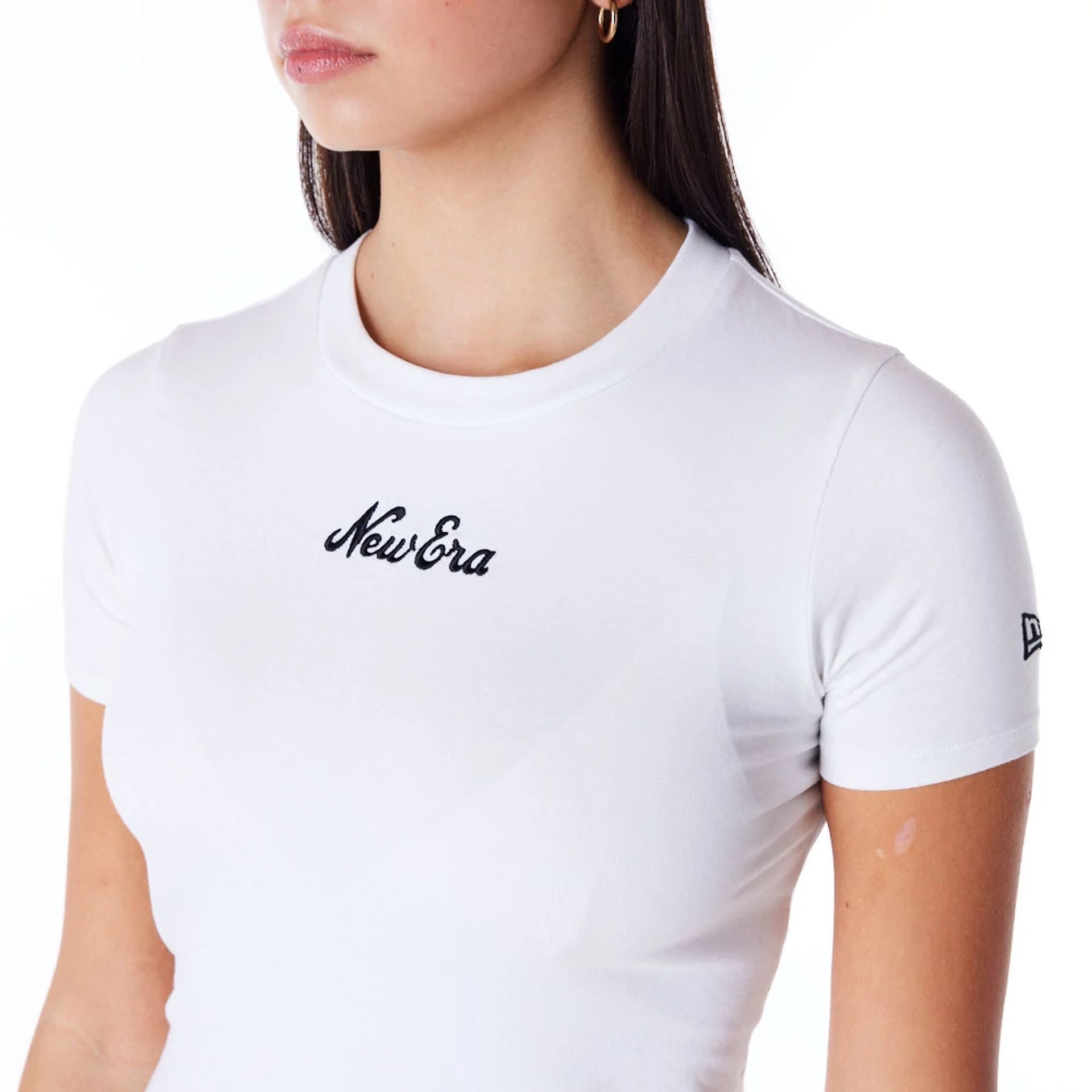 The Female model is wearing New Era Womens White Slim T-Shirt 2