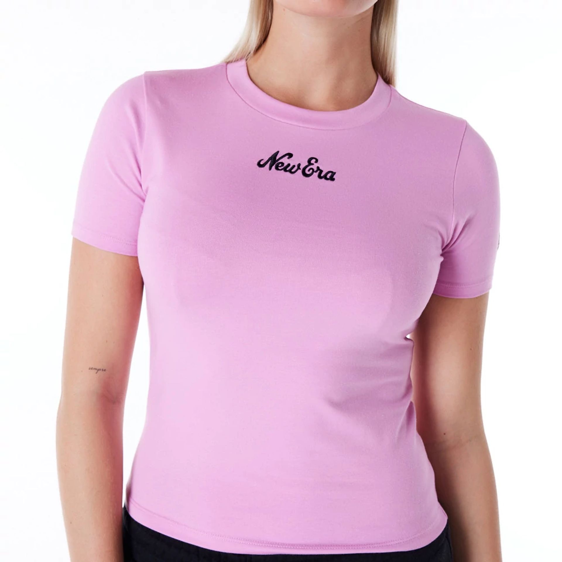 The Female model is wearing New Era Womens Pastel Pink Slim T-Shirt 2