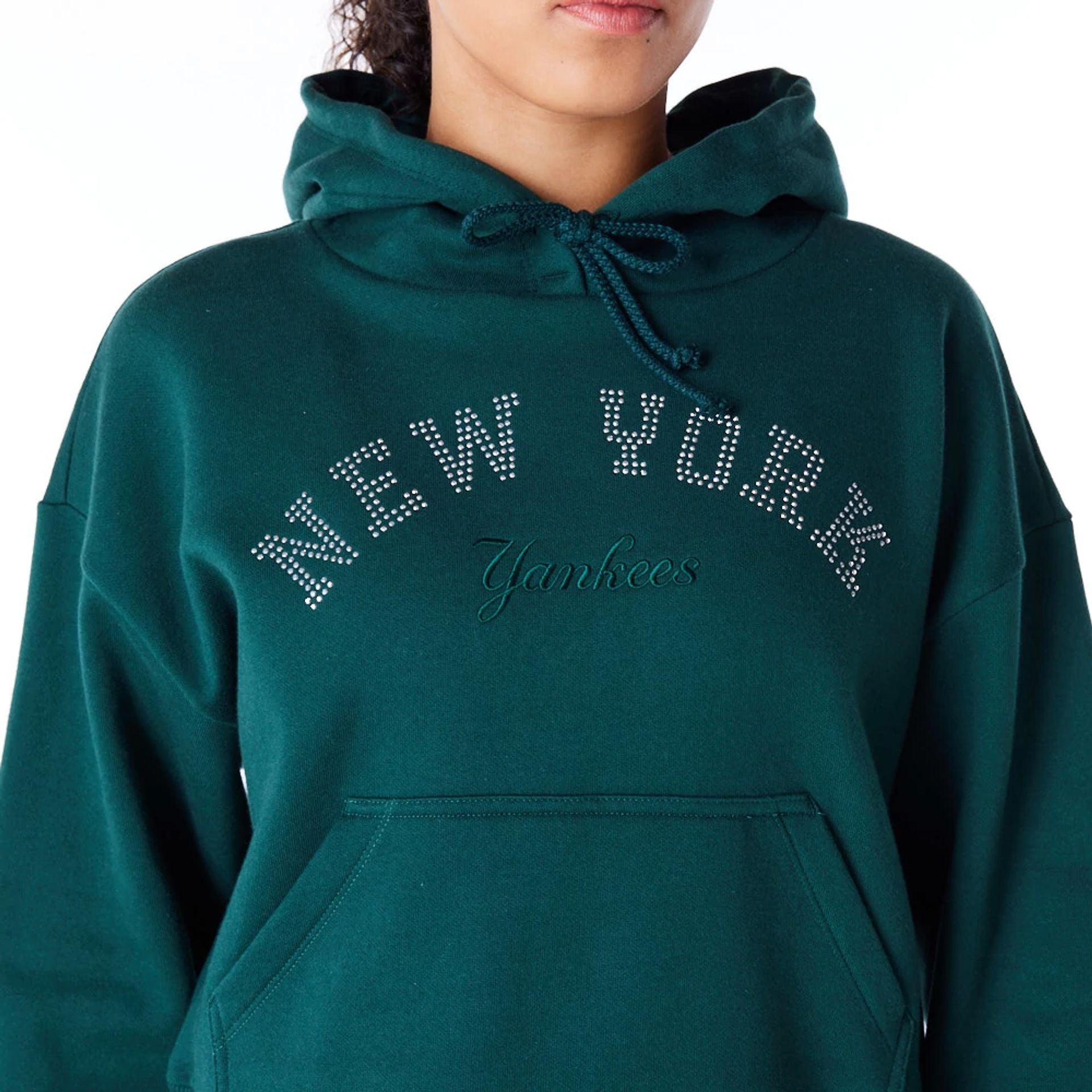 The Female model is wearing New York Yankees Womens MLB Diamante Dark Green Pullover Hoodie 2