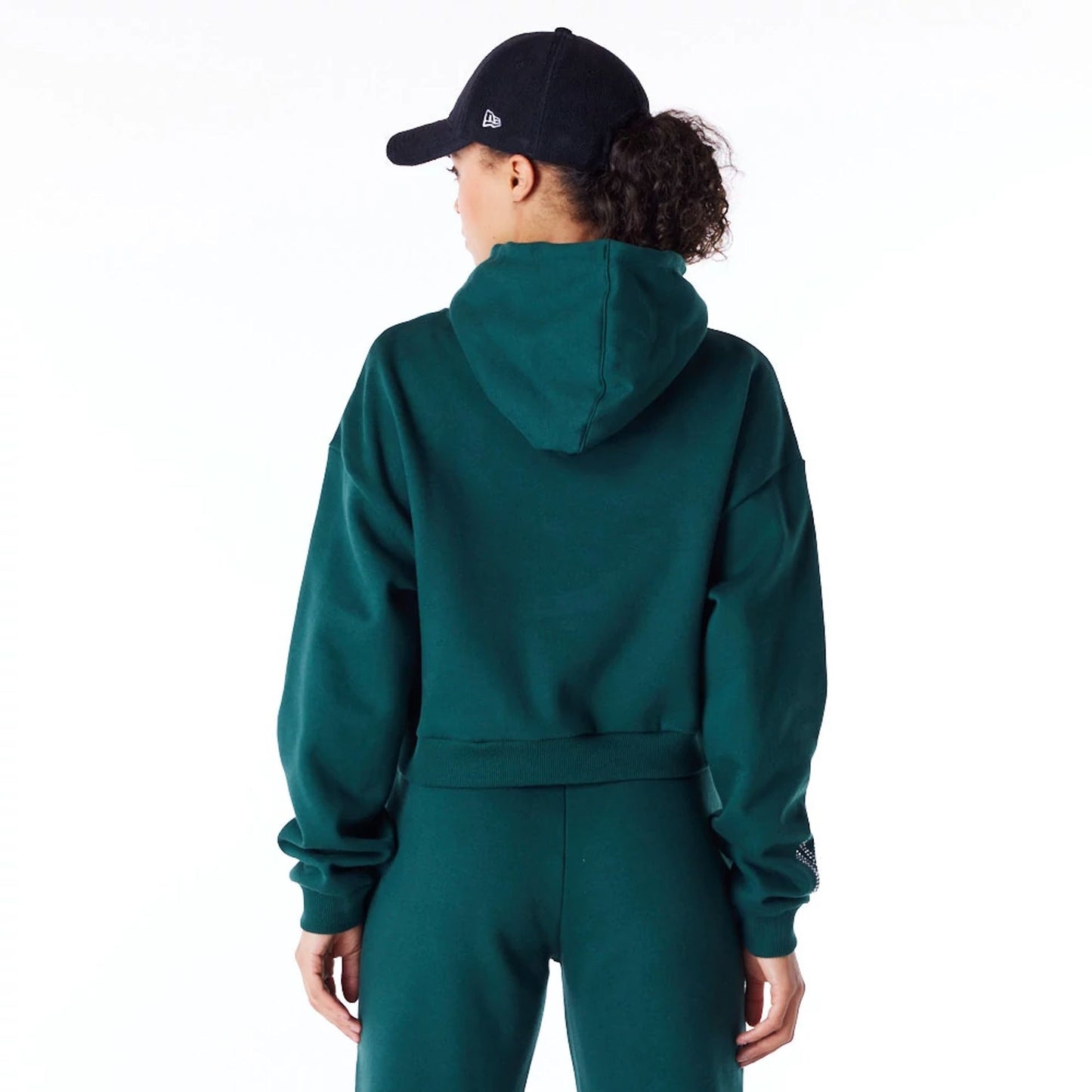 The Female model is wearing New York Yankees Womens MLB Diamante Dark Green Pullover Hoodie 7