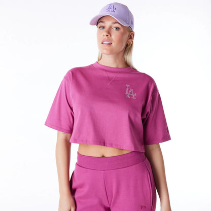 The Female model is wearing LA Dodgers Women's MLB Diamante Purple Crop T-Shirt 1