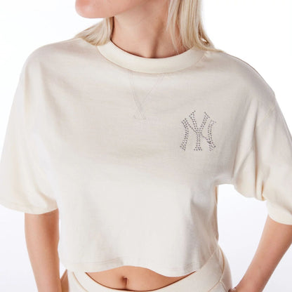 The Female model is wearing New York Yankees Womens MLB Diamante Stone Crop T-Shirt 4