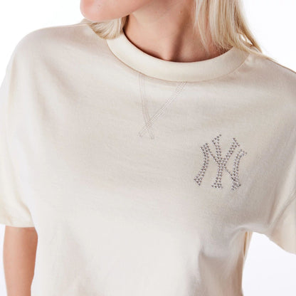 The Female model is wearing New York Yankees Womens MLB Diamante Stone Crop T-Shirt 5