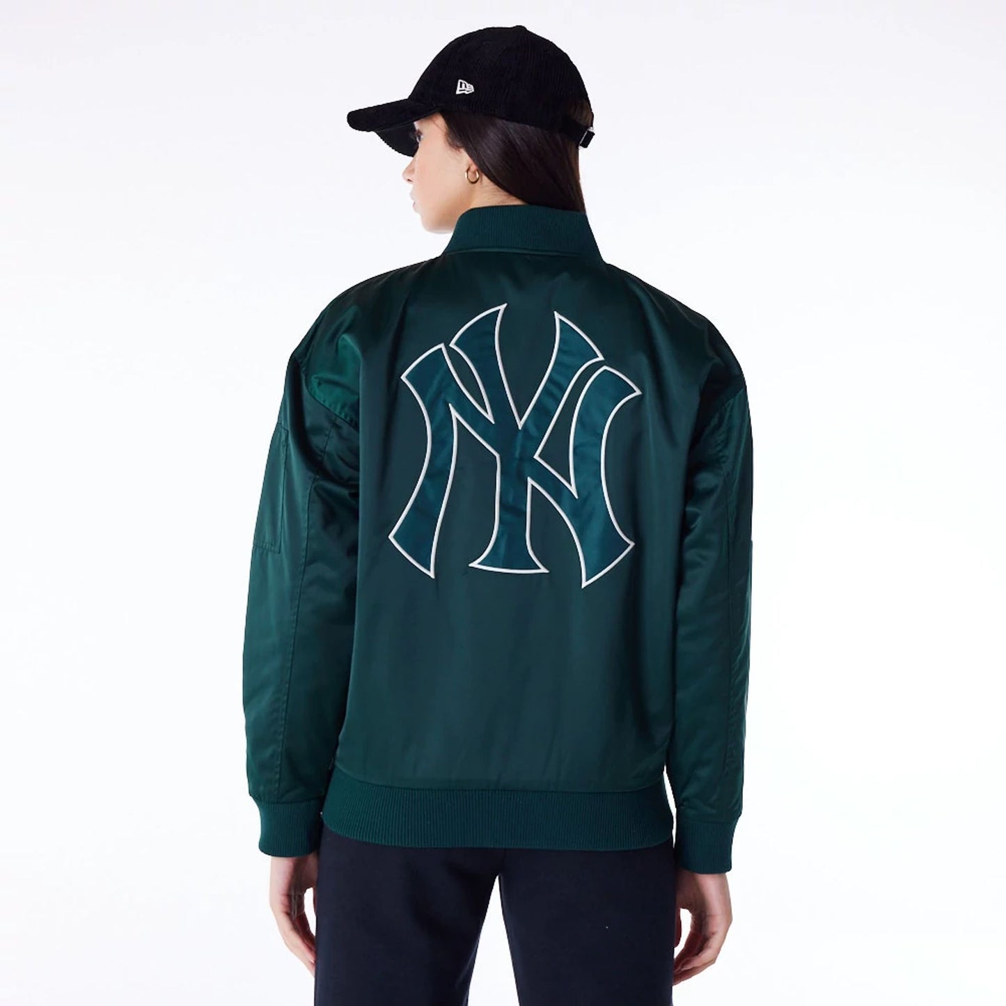 The Female model is wearing New York Yankees Womens MLB Dark Green Bomber Jacket 2