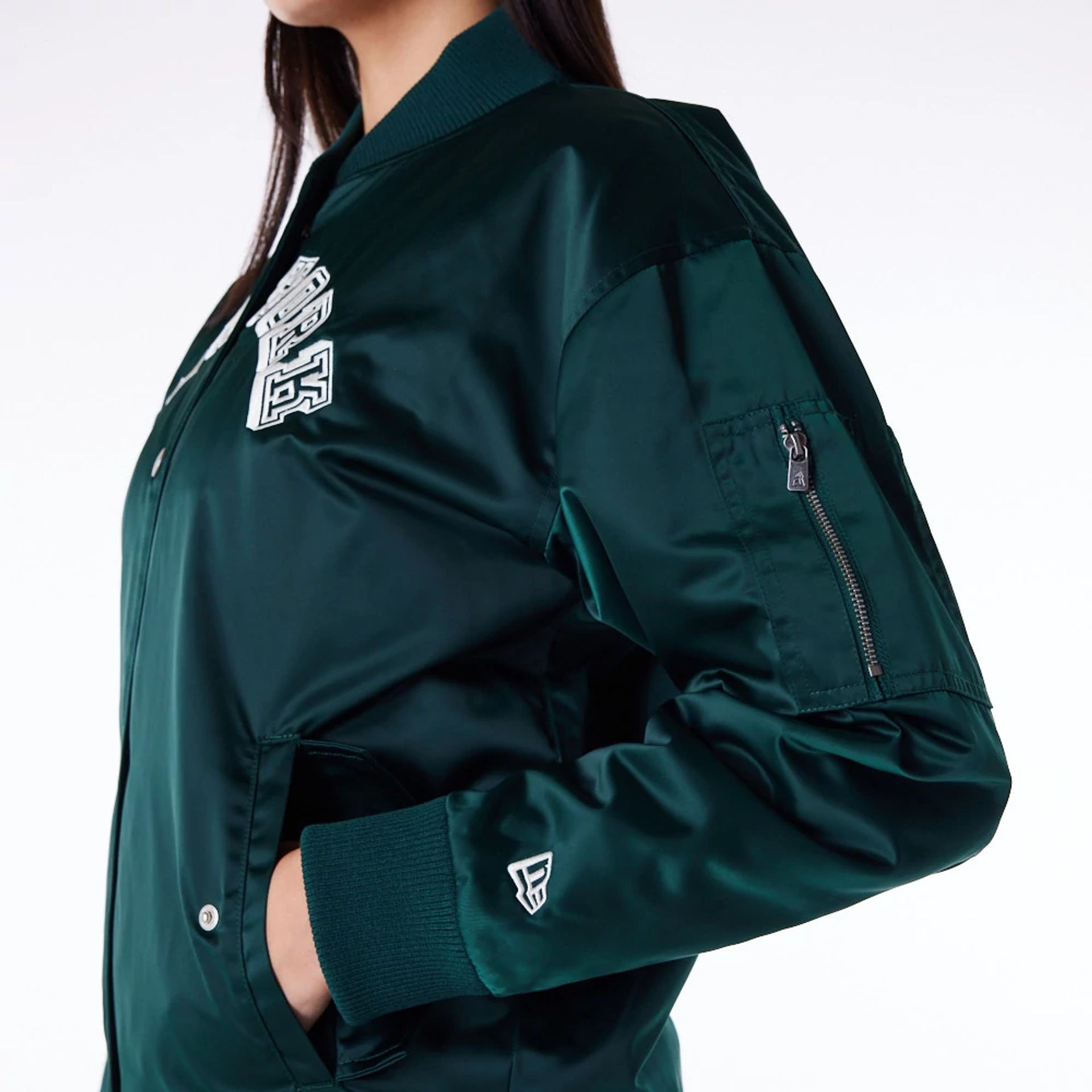 The Female model is wearing New York Yankees Womens MLB Dark Green Bomber Jacket 3