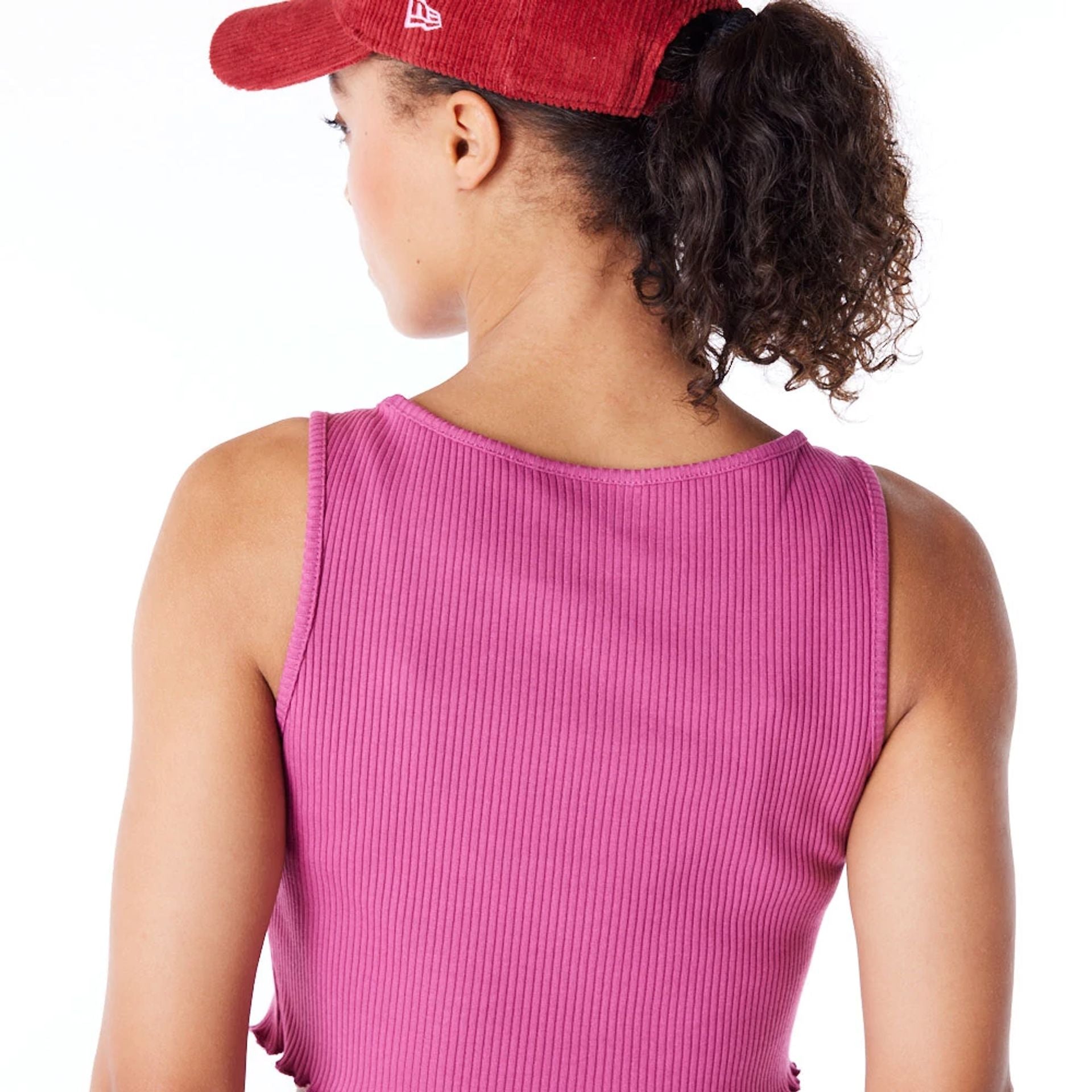 The Female model is wearing LA Dodgers Womens MLB Rib Purple Crop Tank Top 2