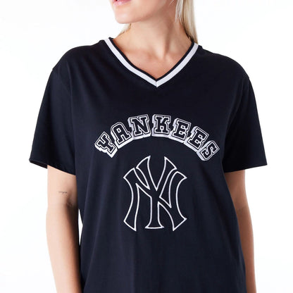 The Female model is wearing New York Yankees Womens MLB Graphic Black V Neck T-Shirt 6