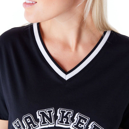 The Female model is wearing New York Yankees Womens MLB Graphic Black V Neck T-Shirt 5