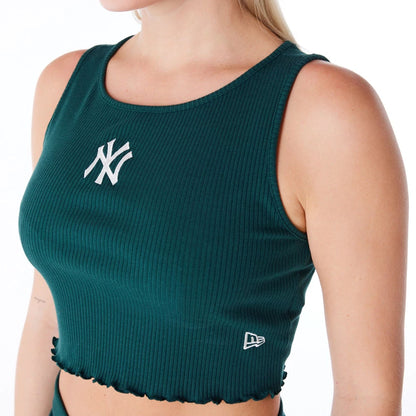 The Female model is wearing New York Yankees Womens MLB Rib Dark Green Crop Tank Top 1