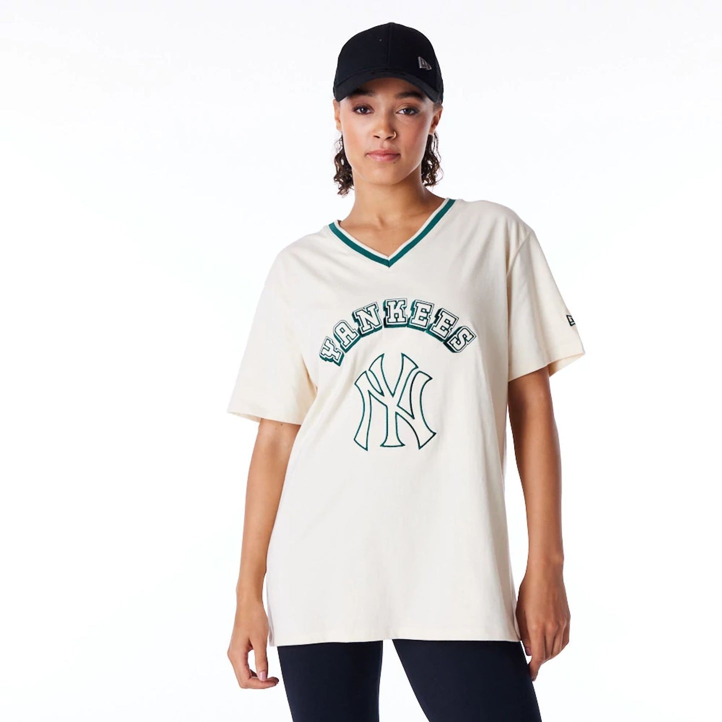 The Female model is wearing New York Yankees Womens MLB Graphic Stone V Neck T-Shirt 1