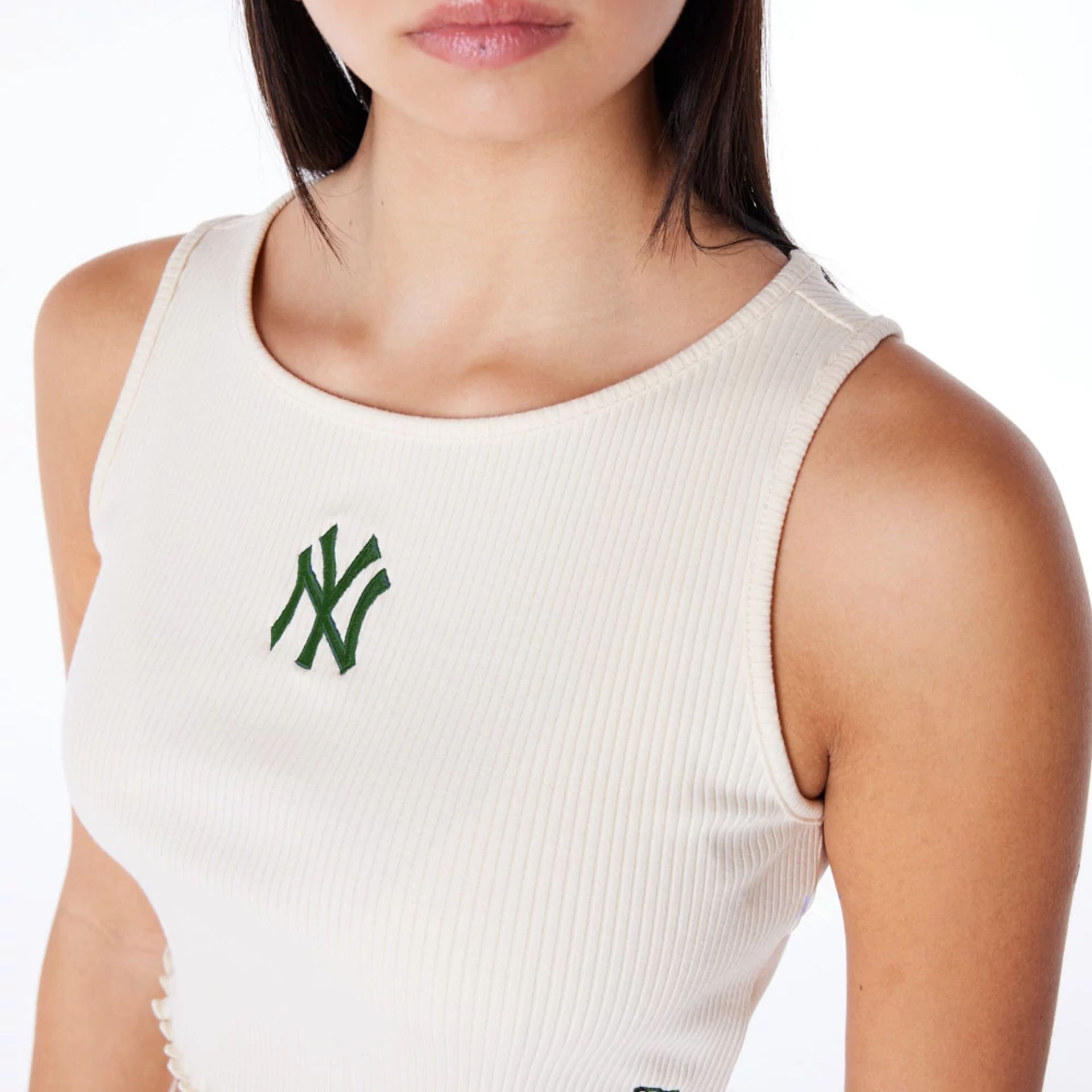 The Female model is wearing New York Yankees Womens MLB Rib Stone Crop Tank Top 2