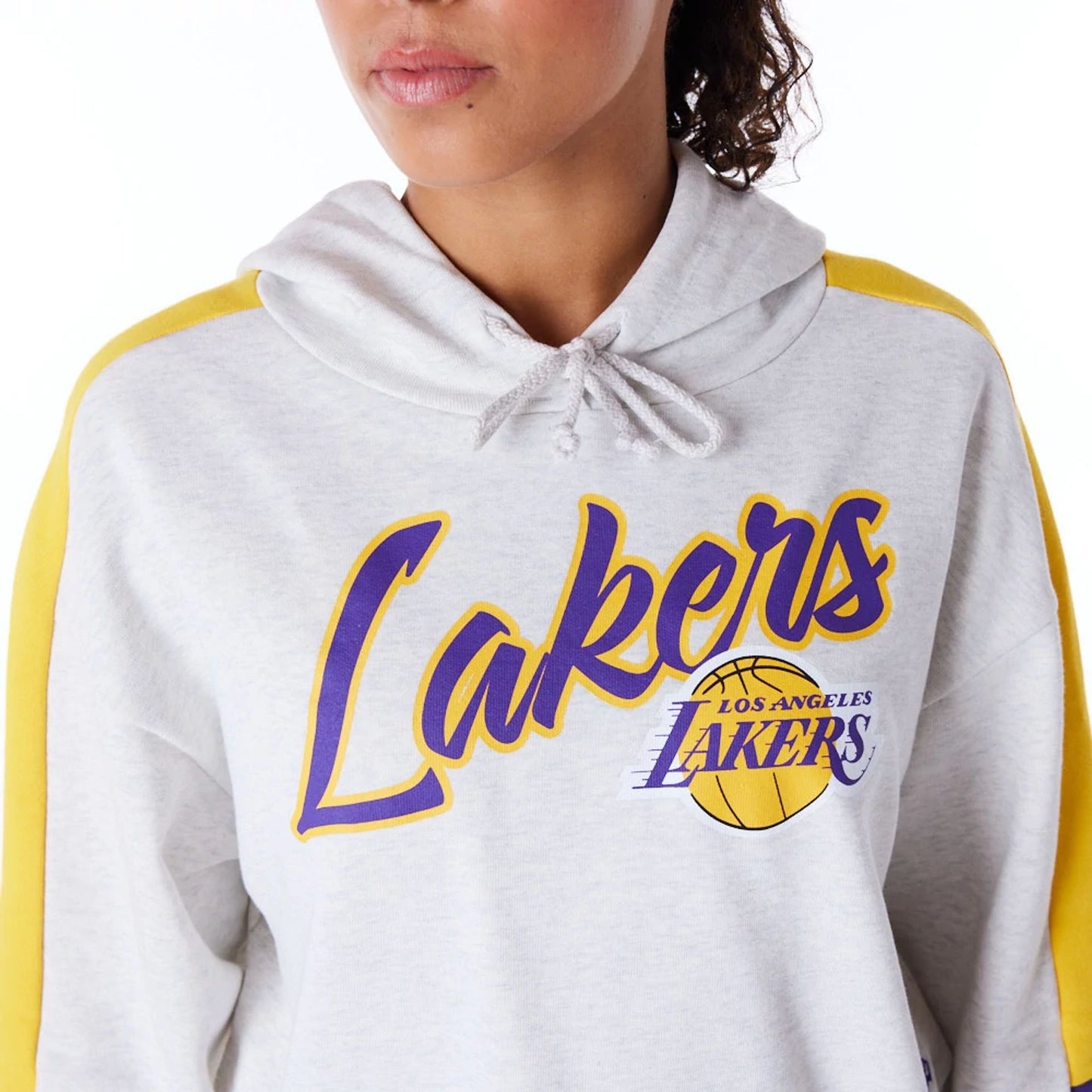 The Female model is wearing LA Lakers Womens NBA Colour Block Grey Pullover Hoodie 9