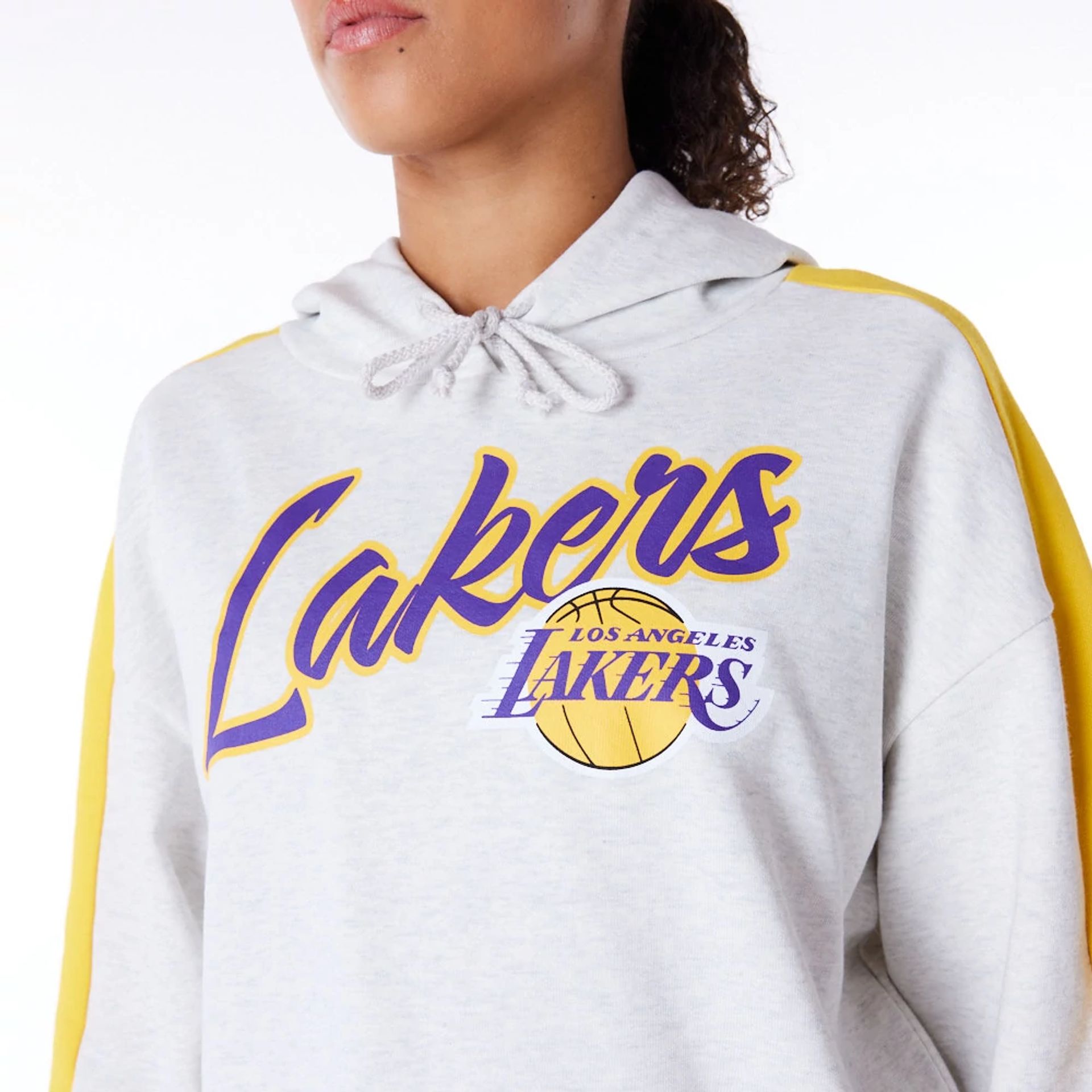 The Female model is wearing LA Lakers Womens NBA Colour Block Grey Pullover Hoodie 2