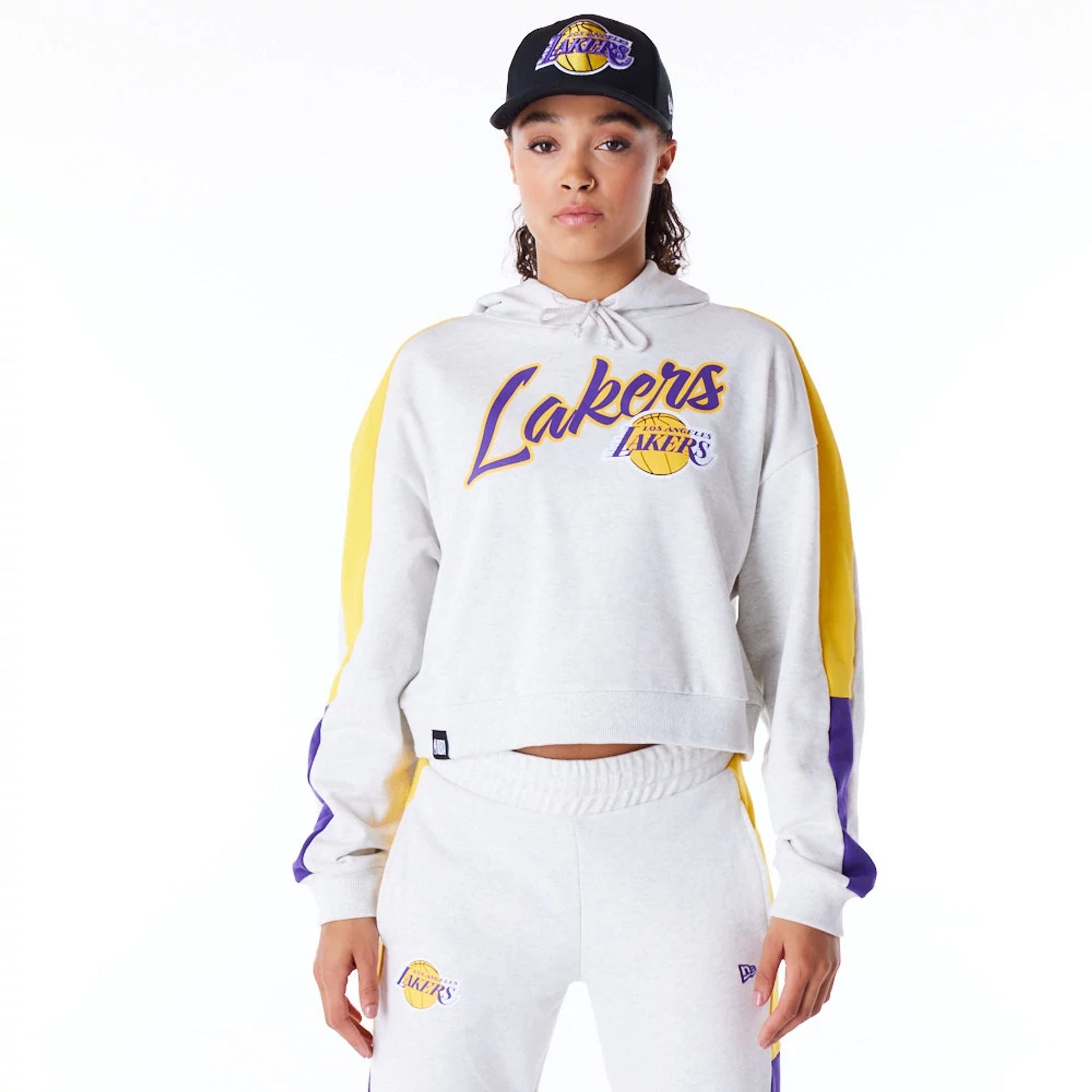 The Female model is wearing LA Lakers Womens NBA Colour Block Grey Pullover Hoodie 1