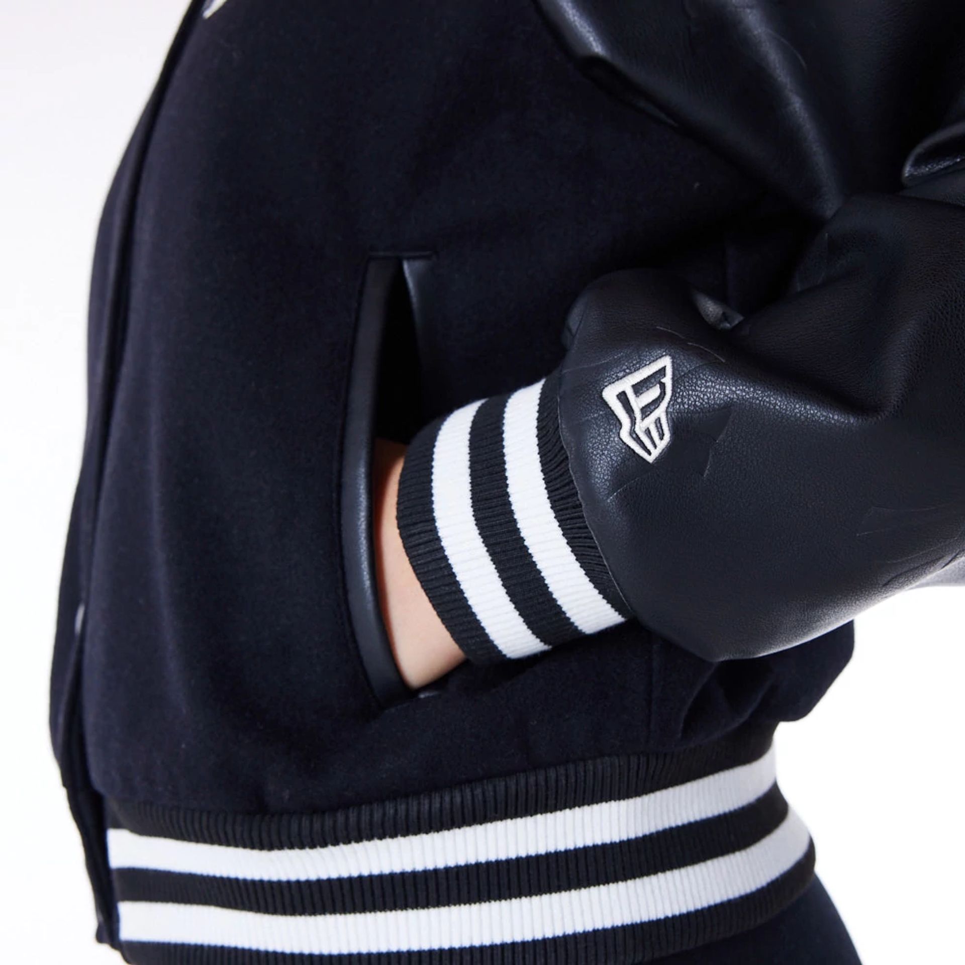 The Female model is wearing New York Yankees Womens MLB Black Varsity Jacket 8