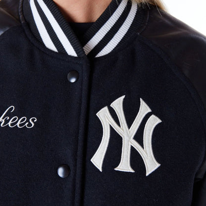 The Female model is wearing New York Yankees Womens MLB Black Varsity Jacket 4