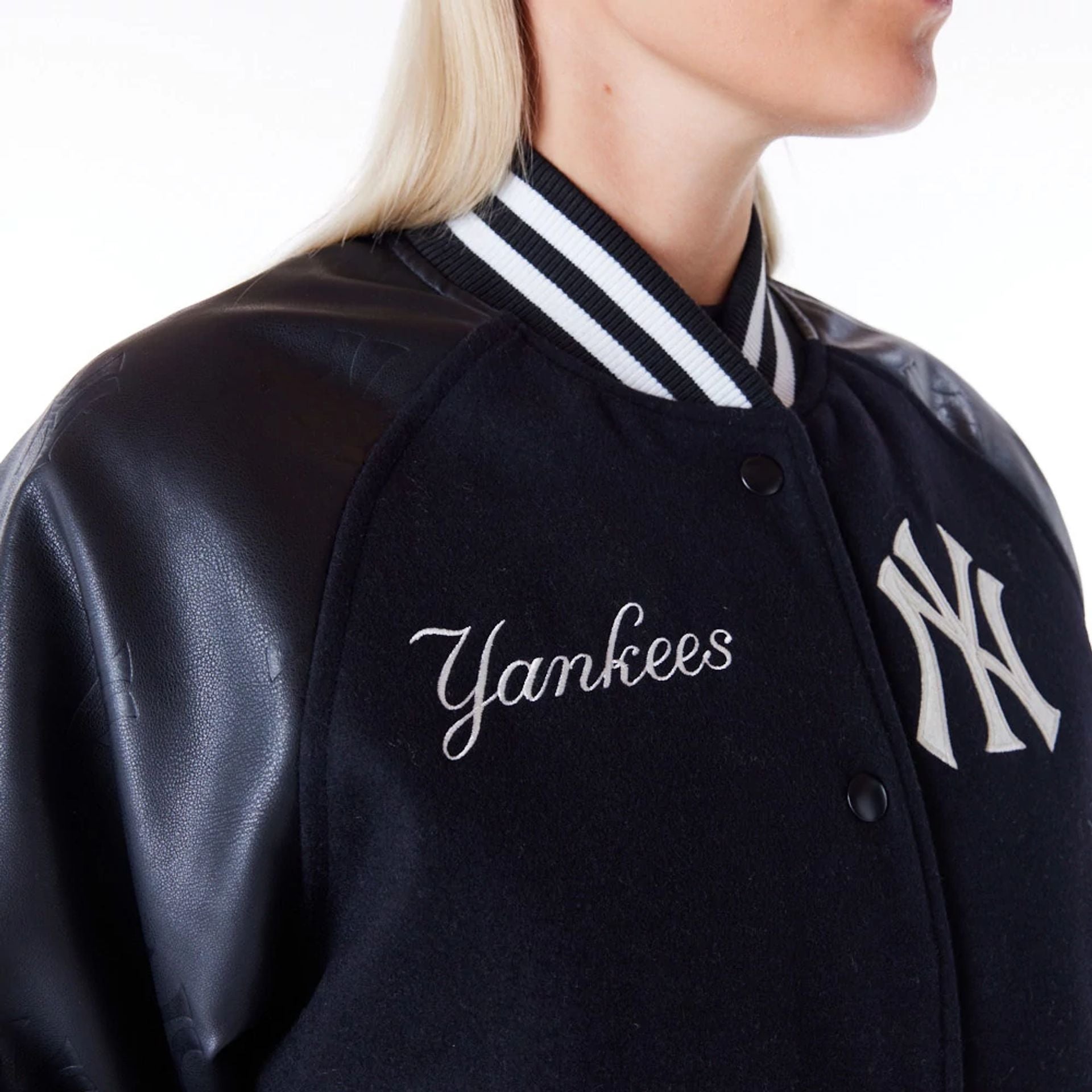 The Female model is wearing New York Yankees Womens MLB Black Varsity Jacket 5