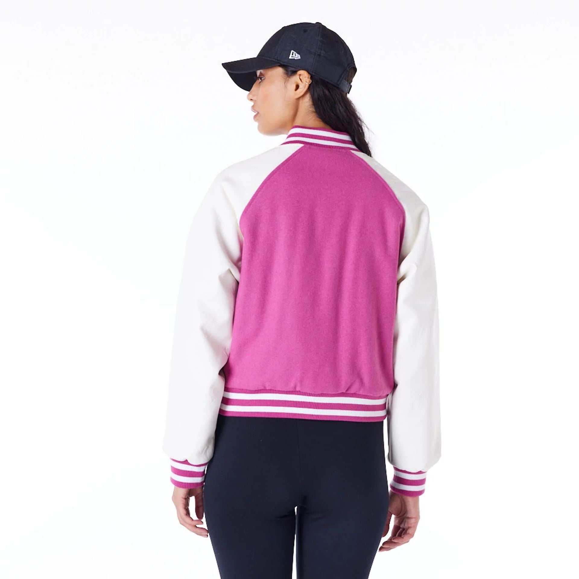 The Female model is wearing New York Yankees Womens MLB Purple Varsity Jacket 2