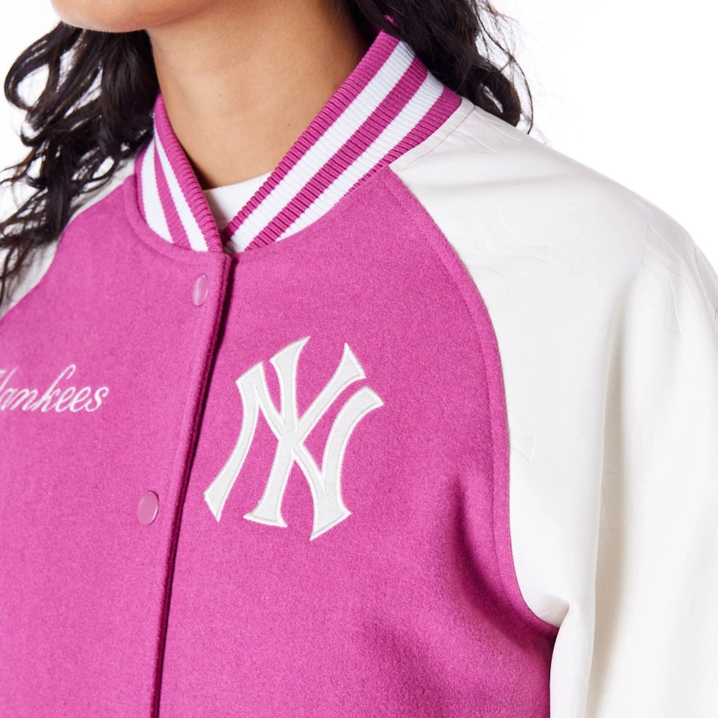 The Female model is wearing New York Yankees Womens MLB Purple Varsity Jacket 8