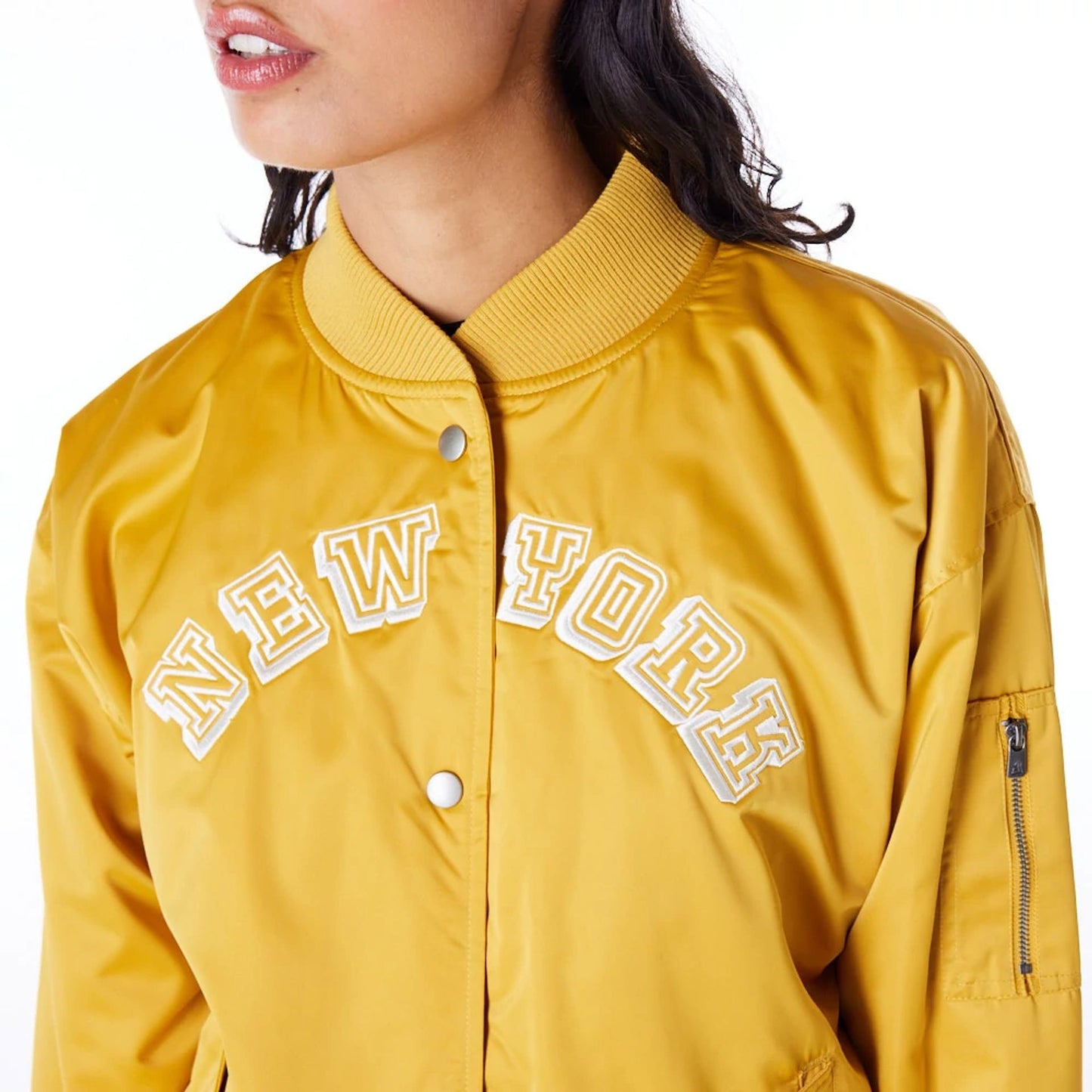 The Female model is wearing New York Yankees Womens MLB Dark Yellow Bomber Jacket 2