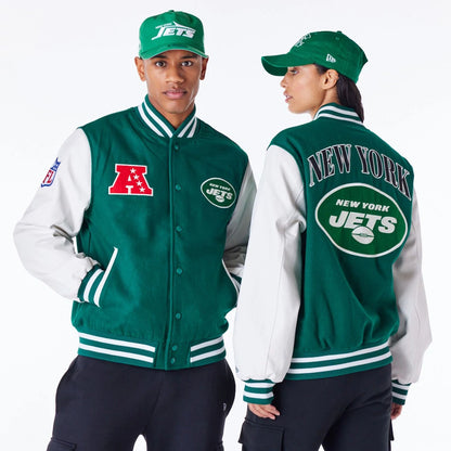 The Male model is wearing New York Jets NFL Patch Green Varsity Jacket 1