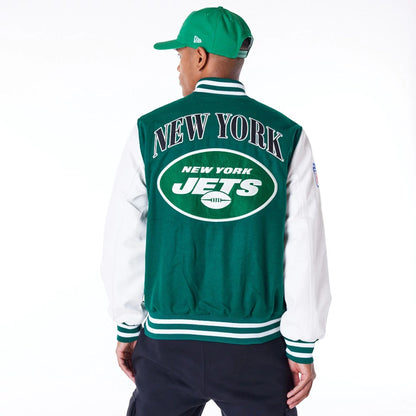 The Male model is wearing New York Jets NFL Patch Green Varsity Jacket 10