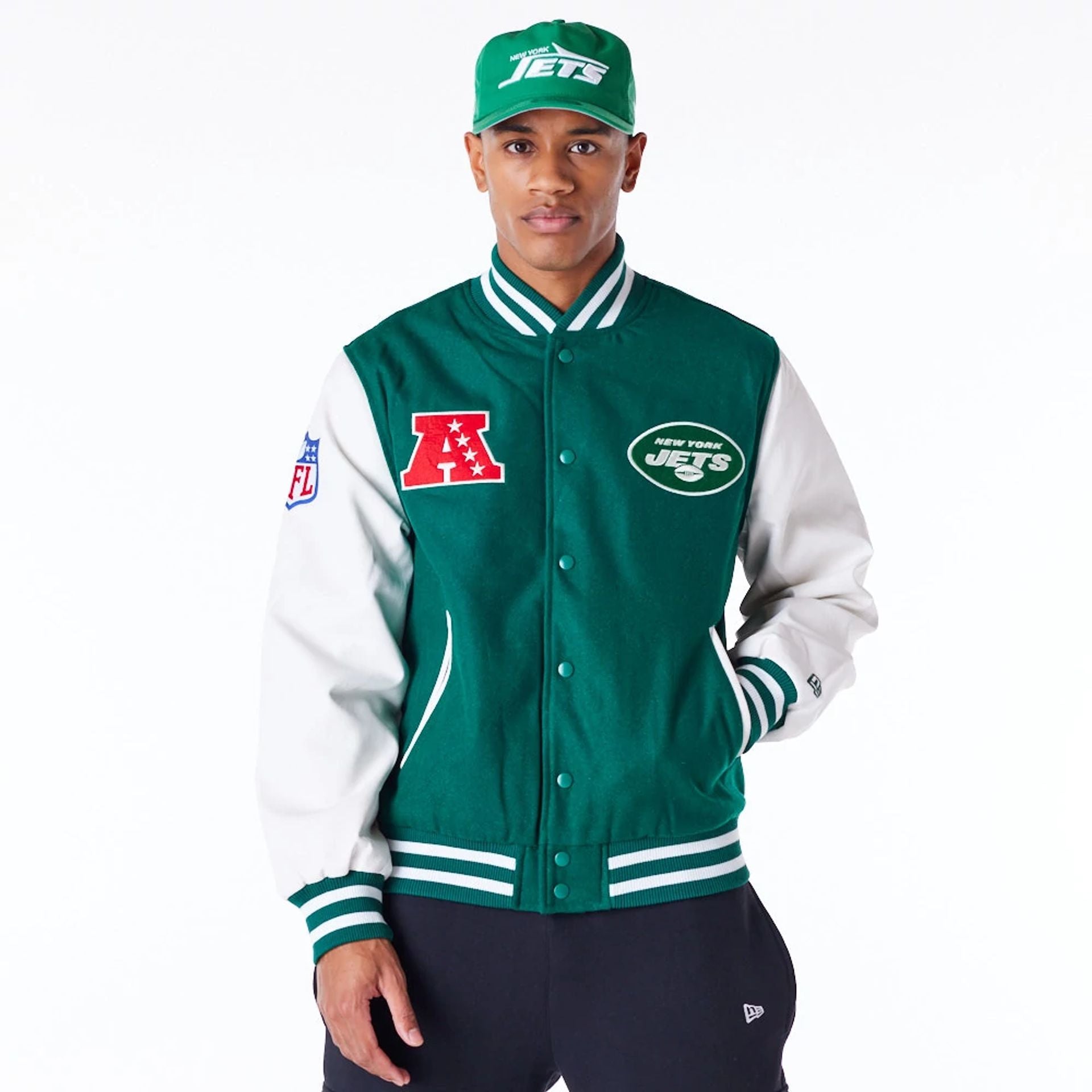 The Male model is wearing New York Jets NFL Patch Green Varsity Jacket 3