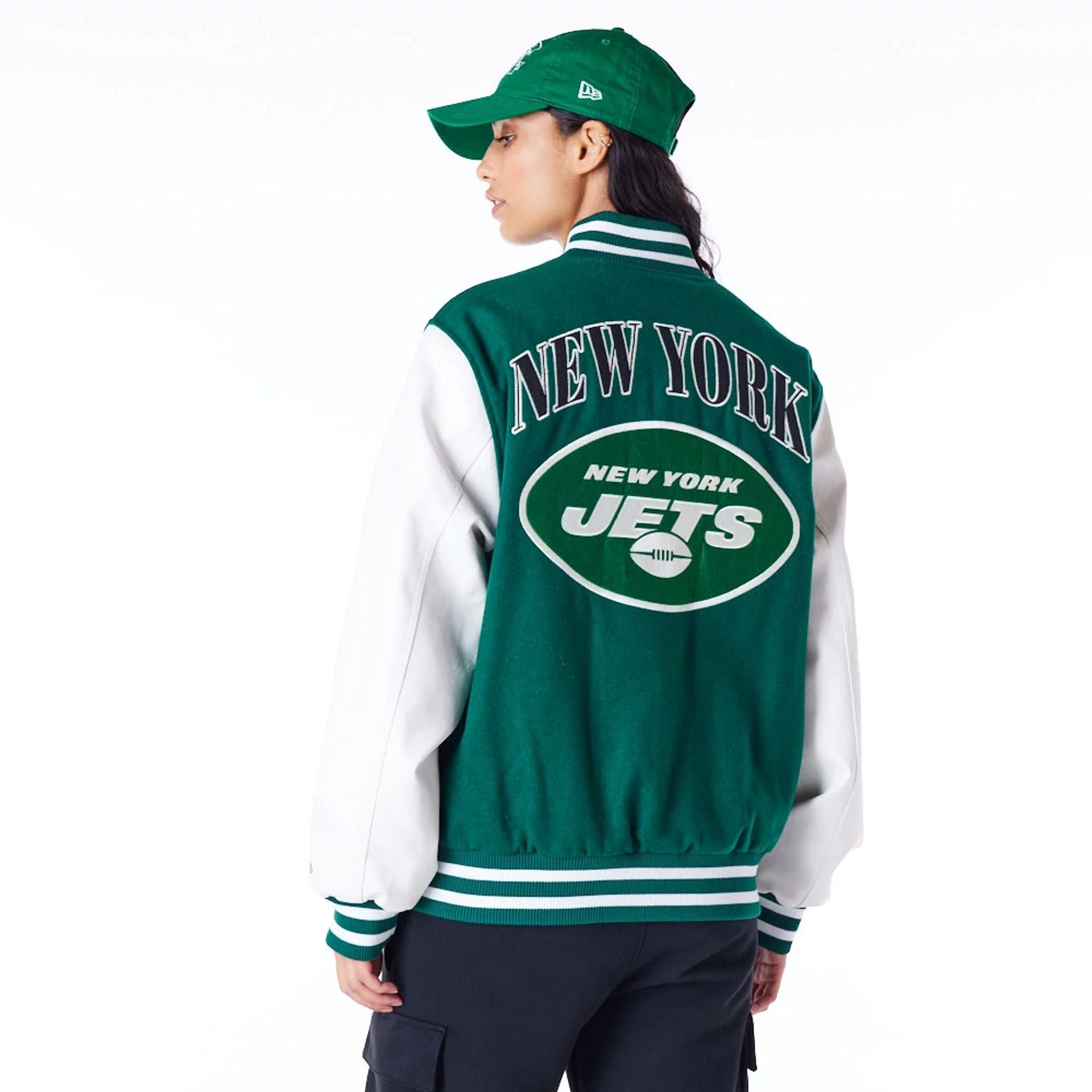 The Male model is wearing New York Jets NFL Patch Green Varsity Jacket 4