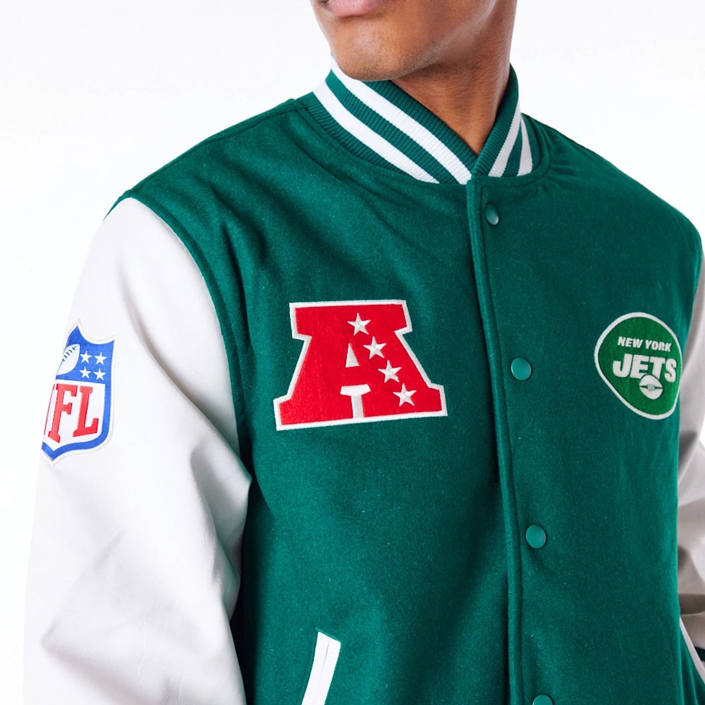 The Male model is wearing New York Jets NFL Patch Green Varsity Jacket 9