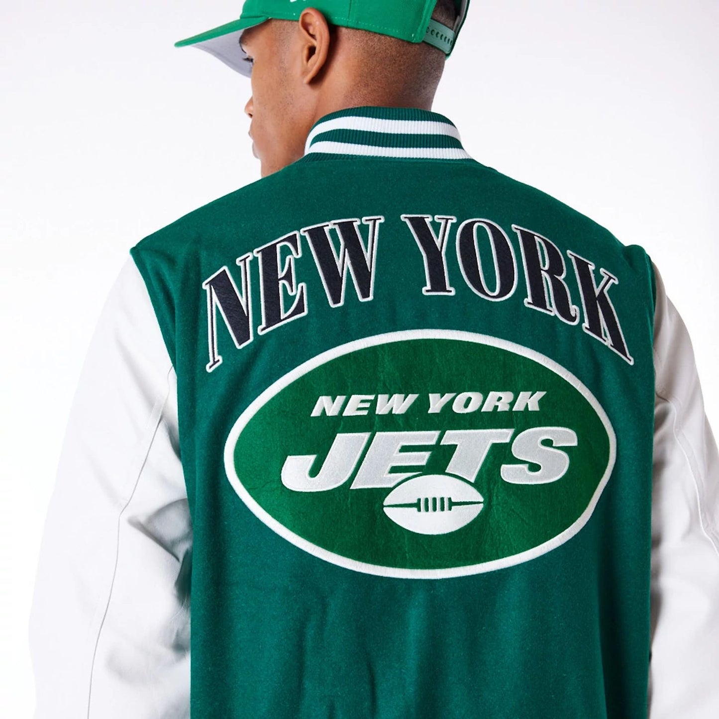 The Male model is wearing New York Jets NFL Patch Green Varsity Jacket 6