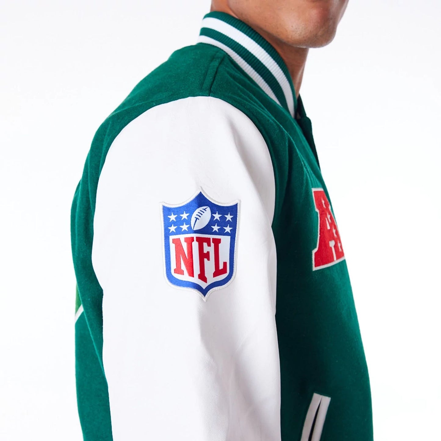 The Male model is wearing New York Jets NFL Patch Green Varsity Jacket 7