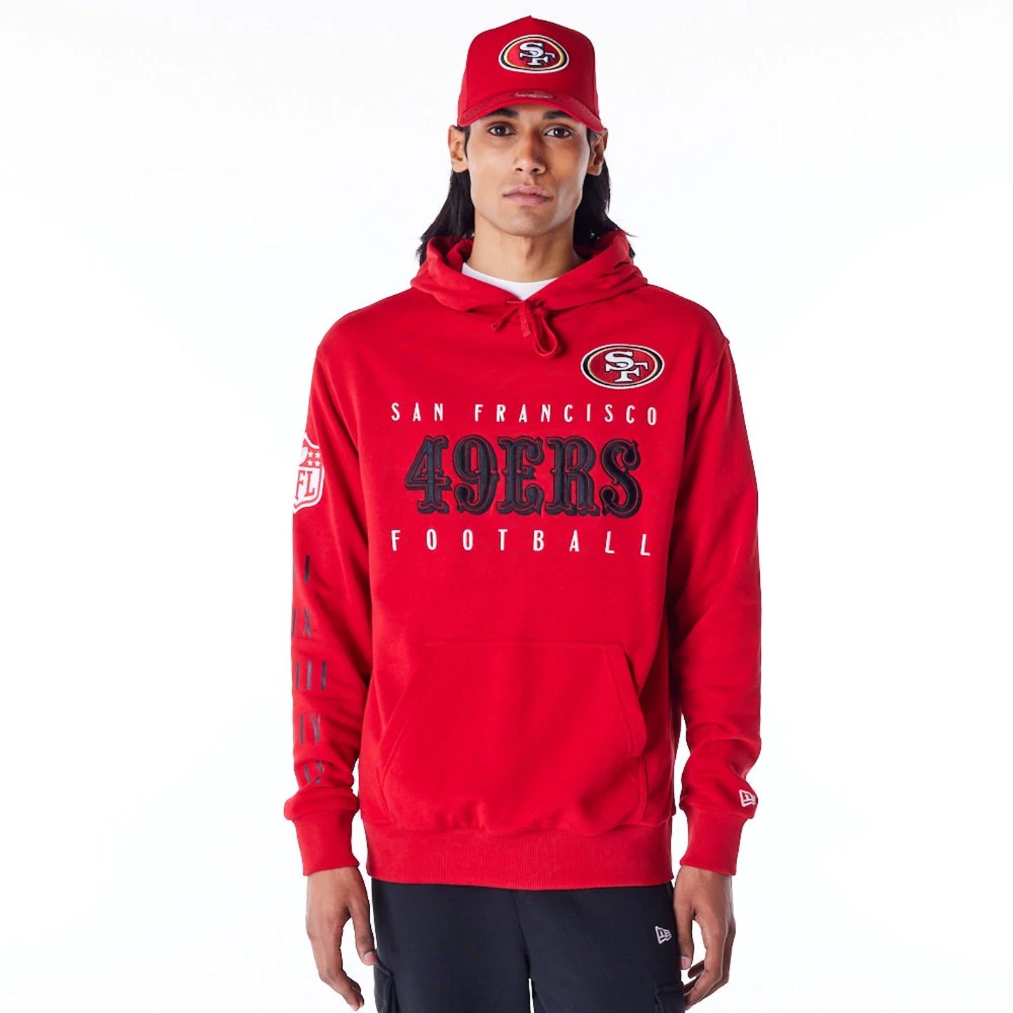 The Male model is wearing San Francisco 49ers NFL Patch Red Oversized Pullover Hoodie 1