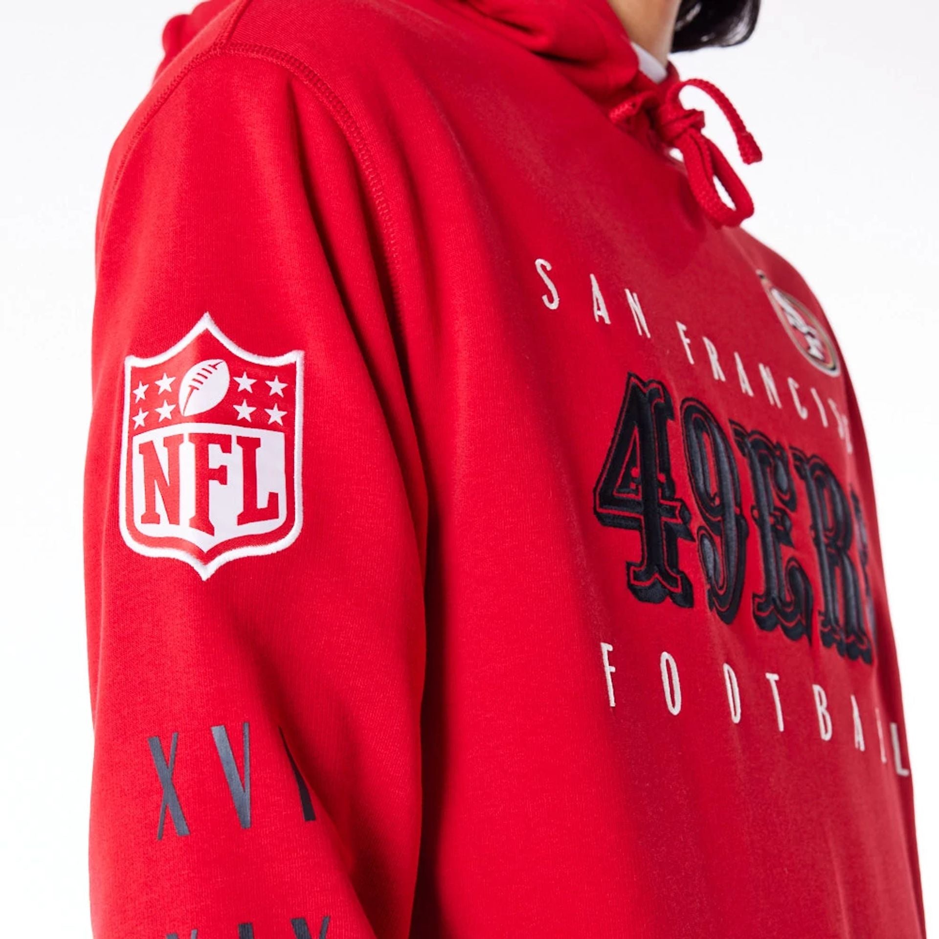 The Male model is wearing San Francisco 49ers NFL Patch Red Oversized Pullover Hoodie 7