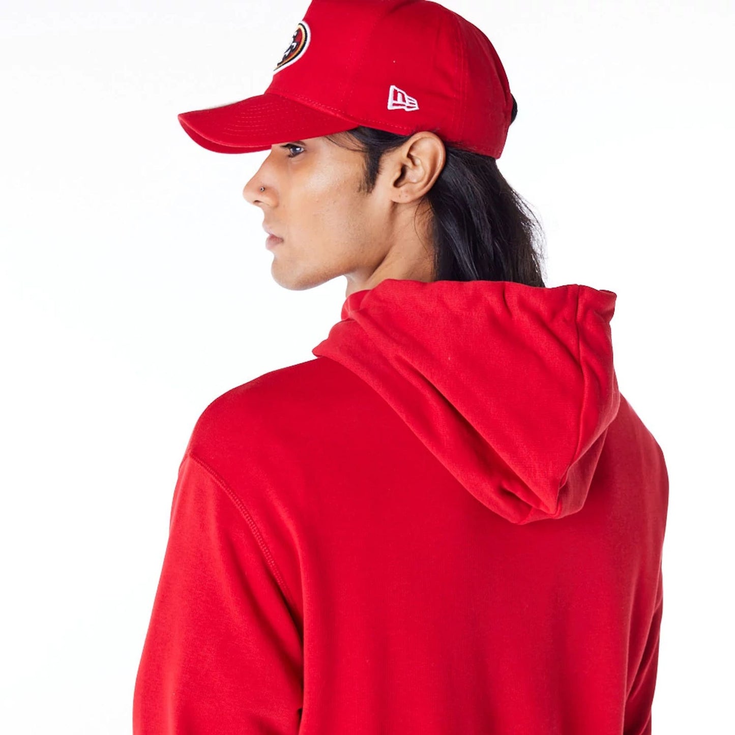 The Male model is wearing San Francisco 49ers NFL Patch Red Oversized Pullover Hoodie 5