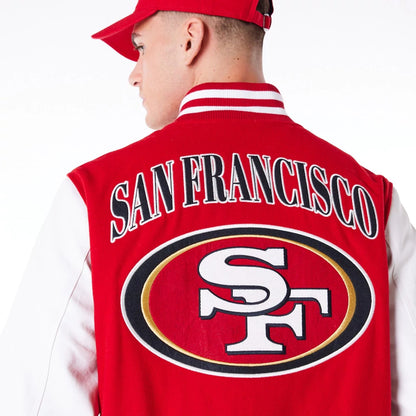 The Male model is wearing San Francisco 49ers NFL Patch Red Varsity Jacket 4