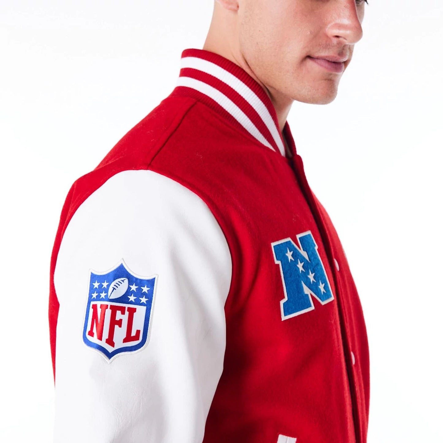 The Male model is wearing San Francisco 49ers NFL Patch Red Varsity Jacket 8