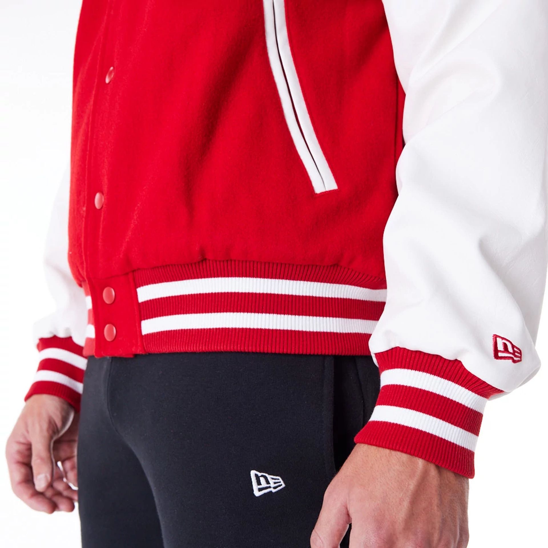 The Male model is wearing San Francisco 49ers NFL Patch Red Varsity Jacket 5