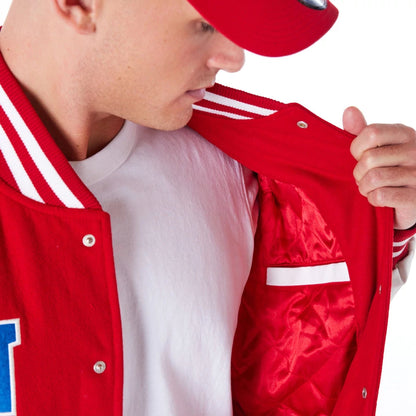 The Male model is wearing San Francisco 49ers NFL Patch Red Varsity Jacket 2